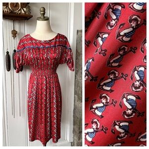 Betsey Johnson Vintage Red Sailor Boy Nautical Print Draping Dress size Small